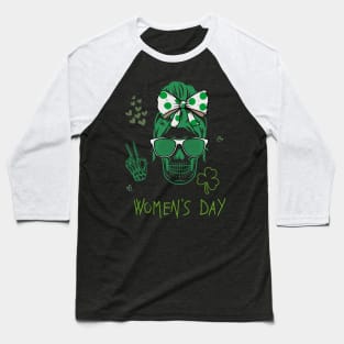 Womens St Patricks Day Skull Messy Bun Saint Pattys Paddys Women Baseball T-Shirt